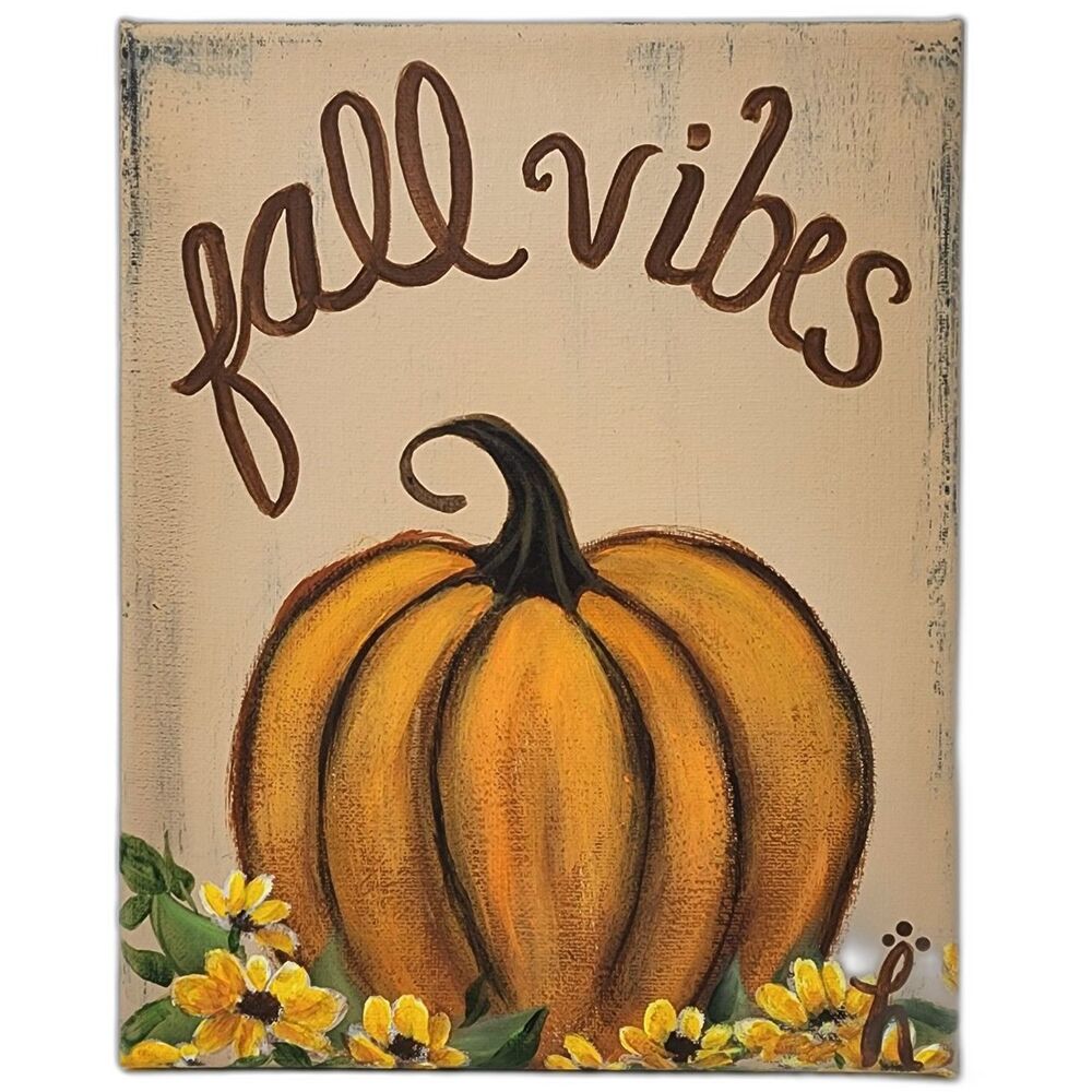 Fall Pumpkin with Sunflowers Original Rustic Painting
